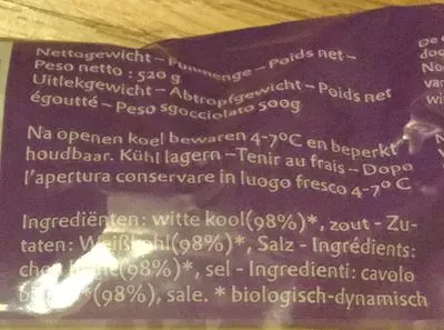 Lista de ingredientes del producto Zuurkool naturel Odin 520 g, uitlekgewicht 500 g