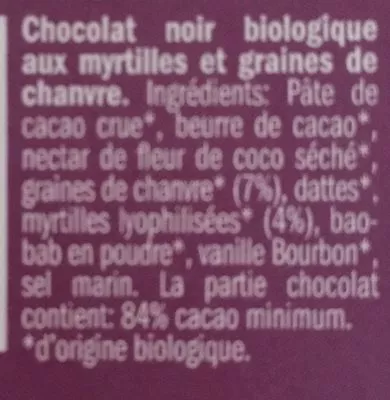 Lista de ingredientes del producto Chocolat 84% Myrtille Chanvre Lovechock com, Lovechock 70g