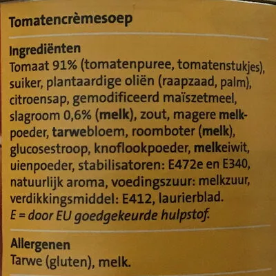 Lista de ingredientes del producto Tomaten crèmesoep Jumbo 