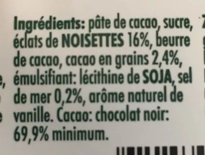 Lista de ingredientes del producto Hazelnuts and sea salt and cocoa nibs Hands off my Chocolate 