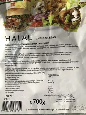 Lista de ingredientes del producto Chicken kebab Hallal Center 700g