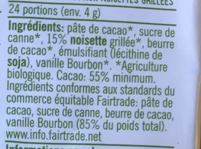 Lista de ingredientes del producto Chocolat Noir à la noisette AH 