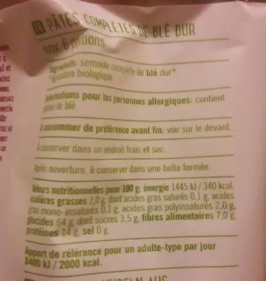 Lista de ingredientes del producto Biologische volkoren penne AH 