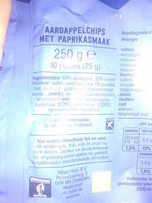 Lista de ingredientes del producto Ribbelchips Paprika Albert Heijn 250g