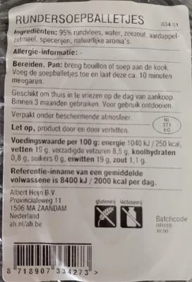 Lista de ingredientes del producto Rundersoepballetjes Albert Heijn 250 g