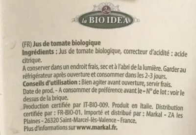 Lista de ingredientes del producto Jus de tomate La Bio Idea 