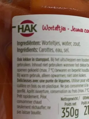 Lista de ingredientes del producto Jeune carotte Hak 350 g