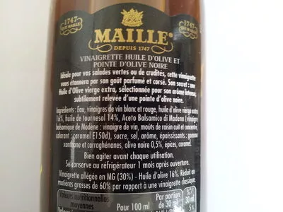 Lista de ingredientes del producto Maille Vinaigrette Huile d'Olive & Olive Noire Maille 360 ml