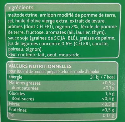 Lista de ingredientes del producto Bouillon de légumes déshydraté Knorr,  Unilever Food Solutions 