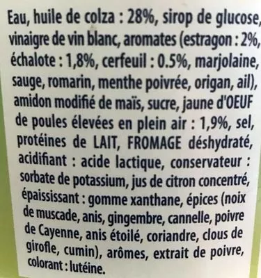 Lista de ingredientes del producto Sauce Béarnaise Amora, Unilever 2,7 kg