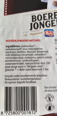 Lista de ingredientes del producto Boeren Jongens Naturel huls 121g