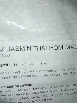 Lista de ingredientes del producto Thai hom Mali jasmine Rice  