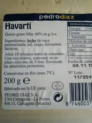 Lista de ingredientes del producto Queso havarti en lonchas Pedro Diaz 200 g