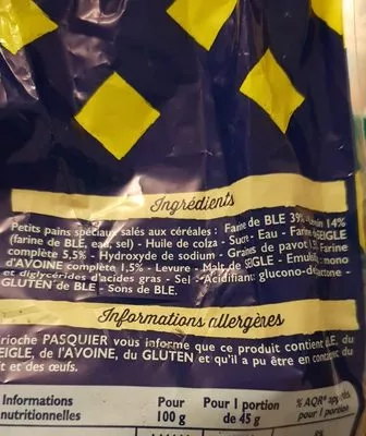 Lista de ingredientes del producto Pains façon Bretzel céréales & pavot  