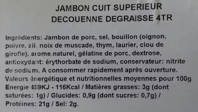 Lista de ingredientes del producto Jambon cuit supérieur decouenne  