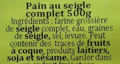 Lista de ingredientes del producto Pain au seigle complet  