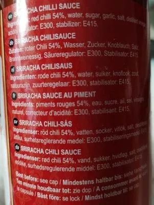 Lista de ingredientes del producto Thai Dancer Sriracha Chilli Sauce 800G / 730ML Thai dancer 