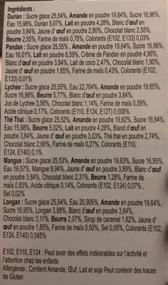 Lista de ingredientes del producto Macarons surgelés au gout exotique  