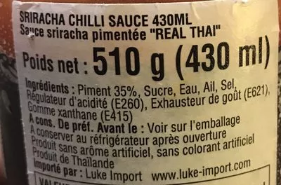 Lista de ingredientes del producto Real Thai Sriracha Hot Chili Sauce Real thai 510 g