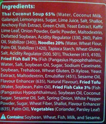 Lista de ingredientes del producto Seafood Tom Kha with Noodles (Thai Coconut Soup) CP Authentic Asia 325g