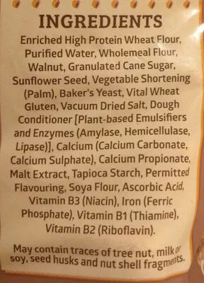 Lista de ingredientes del producto California Walnut Wholemeal bread Sunshine 320 g