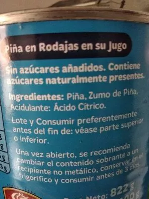 Lista de ingredientes del producto piña en su jugo  