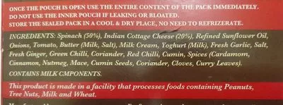 Lista de ingredientes del producto Haldiram's Dilli Style Palak Paneer Haldiram Snacks Pvt. Ltd. 300g