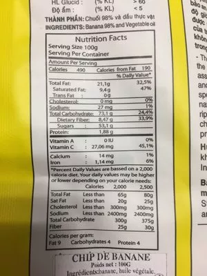 Lista de ingredientes del producto Chips De Banane Nha Be 100G Vietnam Nhabexims 