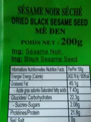 Lista de ingredientes del producto Sésame Noir 200G PSP 200g