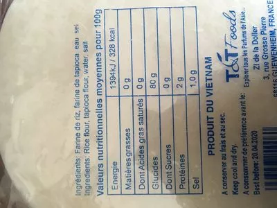 Lista de ingredientes del producto Galettes de Riz T&T Foods 400 g