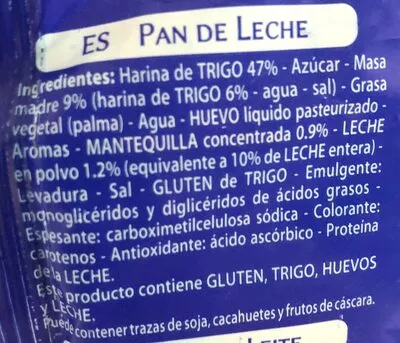 Lista de ingredientes del producto Pan de leche con masa madre Pasquier 