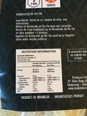 Lista de ingredientes del producto Vermicel De Riz Bali Kitchen 