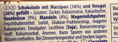 Lista de ingredientes del producto Mozart-würfel, Schokolade Mit Marzipan Und Nougat-. .. Manner 