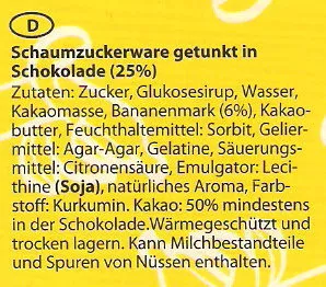 Lista de ingredientes del producto Schoko-Bananen Hauswirth 300 g