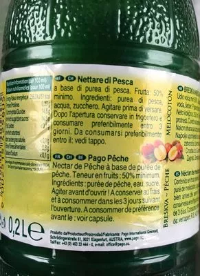 Lista de ingredientes del producto Blle Pet 20CL Nectar Peche Pago Pago 0.2 L