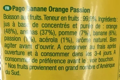 Lista de ingredientes del producto Passion Orange Banane Pago 0,75 l