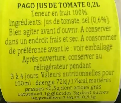 Lista de ingredientes del producto Jus de tomate Pago 