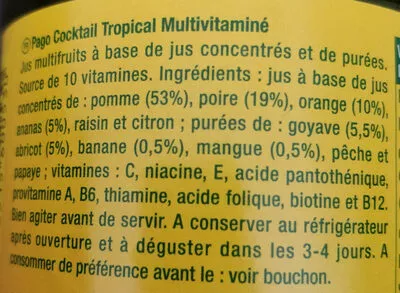 Lista de ingredientes del producto Cocktail Tropical Multivitaminé Pago 75 cl e