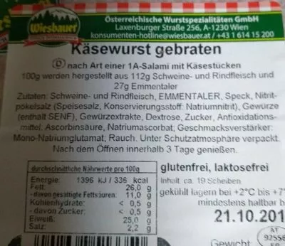 Lista de ingredientes del producto Gebratene Käsewurst Wiesbauer 80g