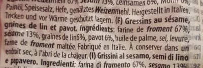 Lista de ingredientes del producto Stiratini Grissini Sesam Stiratini 250 g