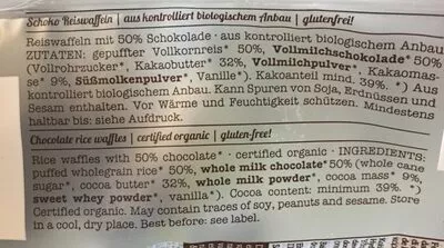 Lista de ingredientes del producto Verival Bio Schoko Reiswaffeln, Schoko Verival 