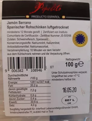 Lista de ingredientes del producto Pepelito Jamón Serrano g.t.S Luftgetrockneter Spanischer Rohschinken  100 g