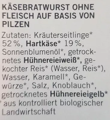 Lista de ingredientes del producto Käsebrutwurst ohne Fleisch Hermann 160 g