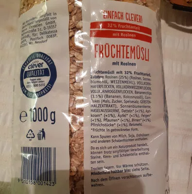 Lista de ingredientes del producto Früchtemüsli Clever 1000 g