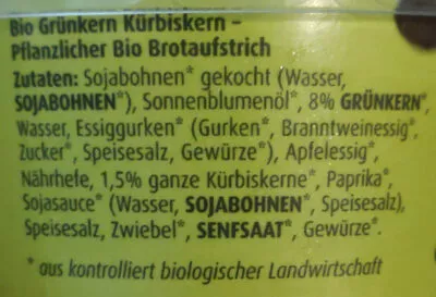 Lista de ingredientes del producto Grünkern und Kürbiskern Aufstrich Wojnars, Alles Bio 150