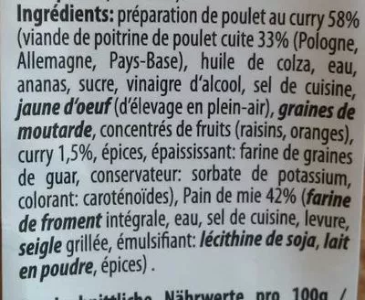 Lista de ingredientes del producto Sandwich Poulet et curry  165g