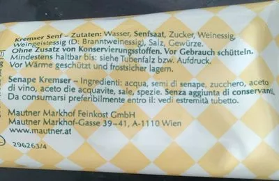 Lista de ingredientes del producto Kremser senf Mautner Markhof 200 g