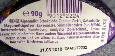 Lista de ingredientes del producto Alpenmilch Milka 90 g