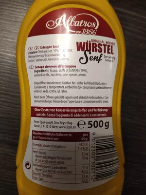 Lista de ingredientes del producto Original Wiener Würstel Senf Albatros 500 g