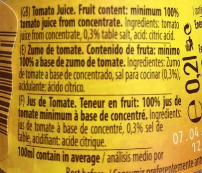 Lista de ingredientes del producto Jus de tomate Rauch 20cl